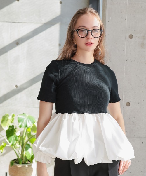 pufe(ピュフェ)の「【カップ付き/ドッキング/ペプラム】【pufe】カップ付きバルーンTシャツ 半袖 バイカラー ブラトップ 重ね着(Tシャツ/カットソー・レディース・ブラック×ホワイト/ホワイト/ブラック・ONE SIZE)」の19枚目の写真