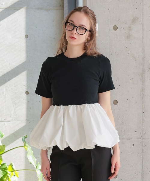 pufe(ピュフェ)の「【カップ付き/ドッキング/ペプラム】【pufe】カップ付きバルーンTシャツ 半袖 バイカラー ブラトップ 重ね着(Tシャツ/カットソー・レディース・ブラック×ホワイト/ホワイト/ブラック・ONE SIZE)」の20枚目の写真