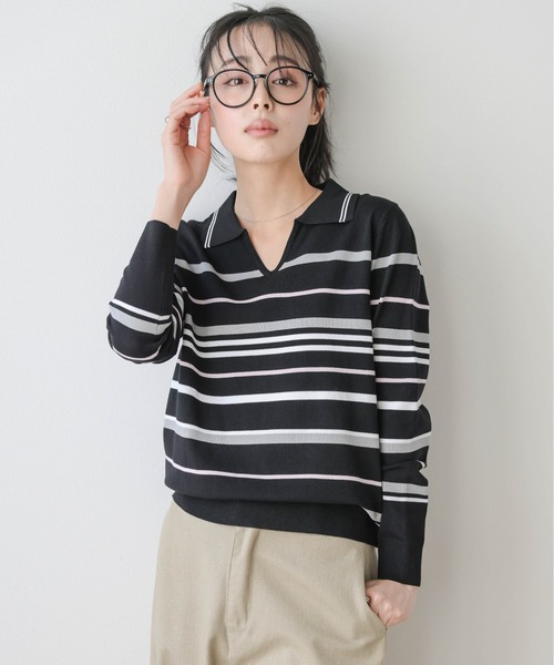 La-gemme(ラジェム)の「2タイプマルチボーダーニットトップス(ニット/セーター・レディース・ブラック系2/ベージュ系1/グレー系2/ベージュ系2/ブラック系1/グレー系1・フリー)」の3枚目の写真