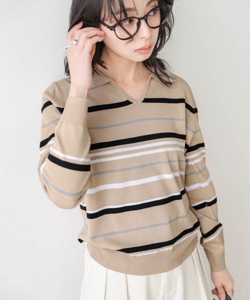 La-gemme(ラジェム)の「2タイプマルチボーダーニットトップス(ニット/セーター・レディース・ブラック系2/ベージュ系1/グレー系2/ベージュ系2/ブラック系1/グレー系1・フリー)」の6枚目の写真