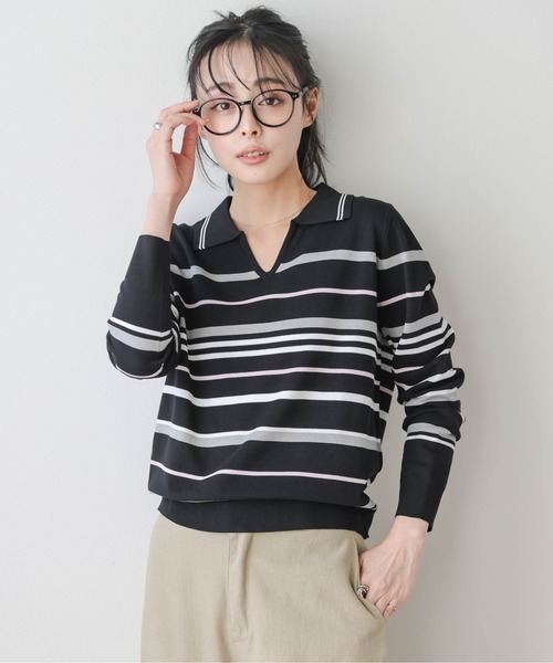 La-gemme(ラジェム)の「2タイプマルチボーダーニットトップス(ニット/セーター・レディース・ブラック系2/ベージュ系1/グレー系2/ベージュ系2/ブラック系1/グレー系1・フリー)」の10枚目の写真
