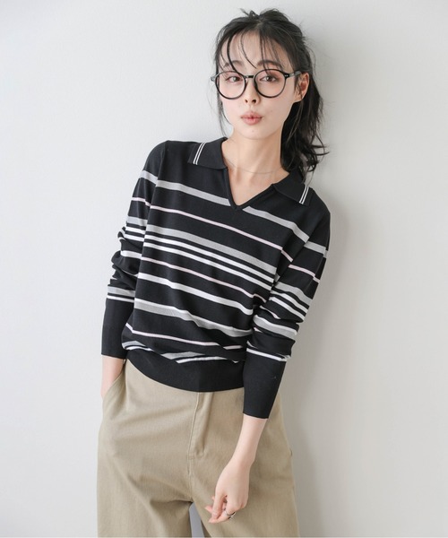 La-gemme(ラジェム)の「2タイプマルチボーダーニットトップス(ニット/セーター・レディース・ブラック系2/ベージュ系1/グレー系2/ベージュ系2/ブラック系1/グレー系1・フリー)」の12枚目の写真
