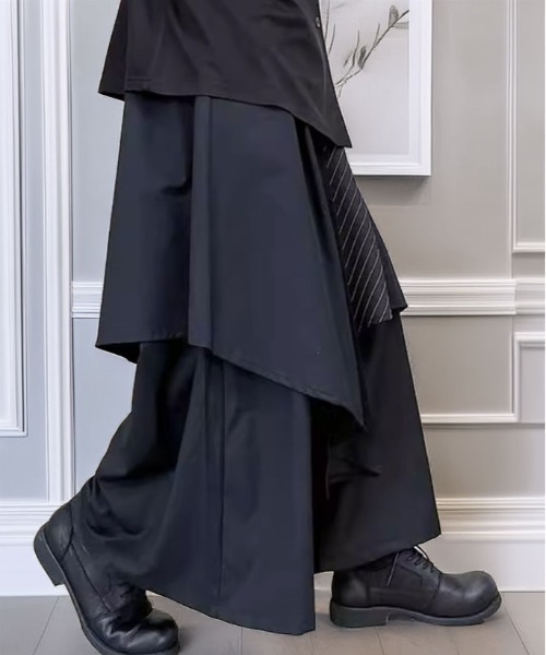 セール】ルーズシルエット ワイドパンツ レイヤード ドレープ 袴
