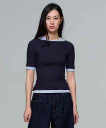 ERA（エラ）の「WOMEN BOAT NECK DOUBLE LAYER SLIM RIB T - INK GREY（Tシャツ/カットソー）」