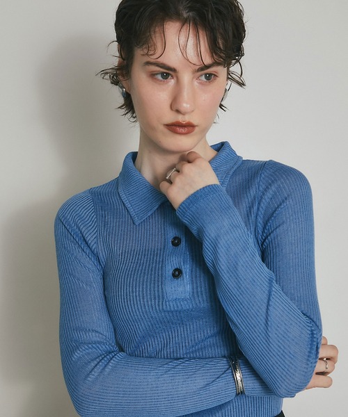 ARVELLIA（アルベリア）の「SHEER RIB POLO TOP（Tシャツ/カットソー・レディース・ブルー/ブラック/イエロー・M）」の14枚目の写真