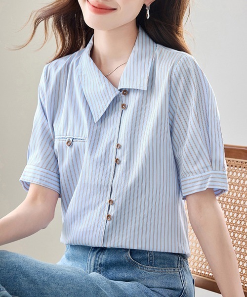 ReRe(リリ)の「ストライプデザインシャツ(シャツ/ブラウス・レディース・ライトブルー・SMALL/MEDIUM/LARGE/X-LARGE)」の2枚目の写真