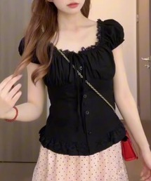 スクエアネック フリルデザイン ブラウス