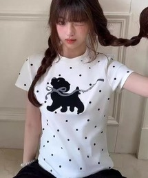 ドット柄 犬刺繍 コンパクトTシャツ