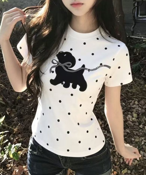 Achic(アシック)の「ドット柄 犬刺繍 コンパクトTシャツ(Tシャツ/カットソー・レディース・ホワイト・M)」の6枚目の写真
