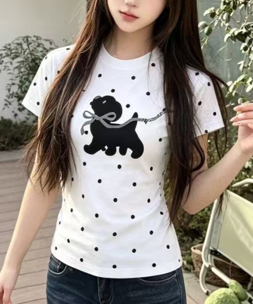 Achic(アシック)の「ドット柄 犬刺繍 コンパクトTシャツ(Tシャツ/カットソー・レディース・ホワイト・M)」の8枚目の写真