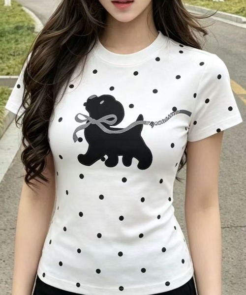Achic(アシック)の「ドット柄 犬刺繍 コンパクトTシャツ(Tシャツ/カットソー・レディース・ホワイト・M)」の10枚目の写真