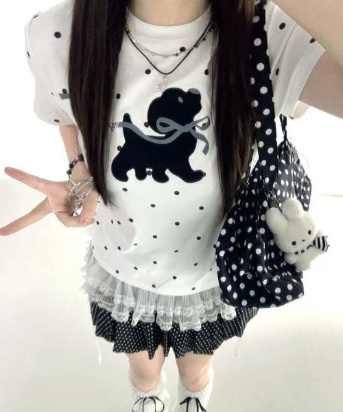Achic(アシック)の「ドット柄 犬刺繍 コンパクトTシャツ(Tシャツ/カットソー・レディース・ホワイト・M)」の11枚目の写真