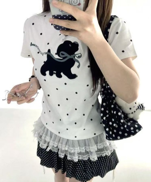 Achic(アシック)の「ドット柄 犬刺繍 コンパクトTシャツ(Tシャツ/カットソー・レディース・ホワイト・M)」の13枚目の写真