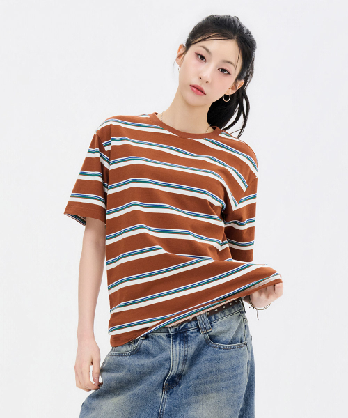 CHASECULT（チェイスカルト）の「共用マルチストライプ半袖Tシャツ-FBRU5819D08（Tシャツ/カットソー・メンズ・ブラウン・90/100/95/105）」の4枚目の写真