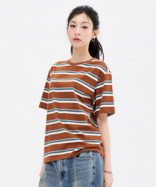 CHASECULT（チェイスカルト）の「共用マルチストライプ半袖Tシャツ-FBRU5819D08（Tシャツ/カットソー・メンズ・ブラウン・90/100/95/105）」の5枚目の写真