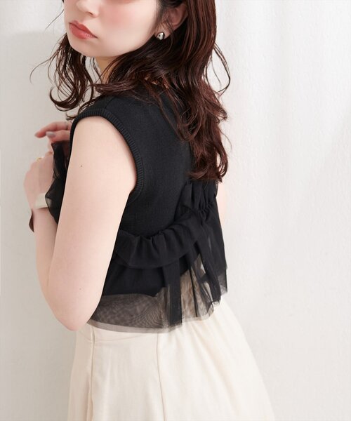 natural couture(ナチュラルクチュール)の「チュール使いニットタンク(ニット/セーター・レディース・ピンク/ベージュ/オフホワイト/ブラック・FREE)」の10枚目の写真