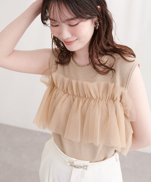 natural couture(ナチュラルクチュール)の「チュール使いニットタンク(ニット/セーター・レディース・ピンク/ベージュ/オフホワイト/ブラック・FREE)」の21枚目の写真