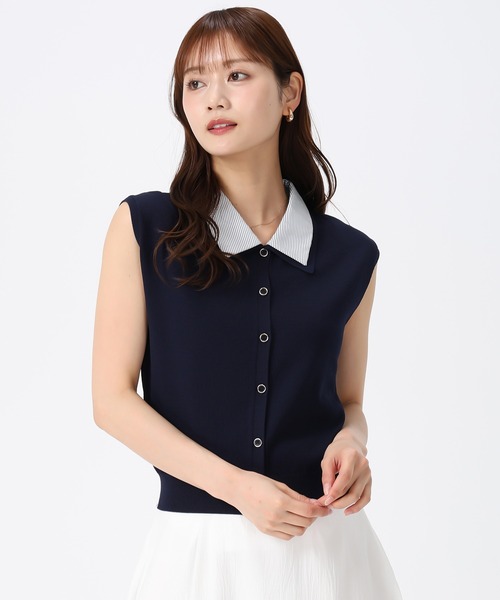 MISCH MASCH（ミッシュマッシュ）の「2026春夏新作 シャツ襟フレンチニット（ニット/セーター・レディース・ネイビー/ホワイト/ブルー・ﾌﾘ-）」の4枚目の写真
