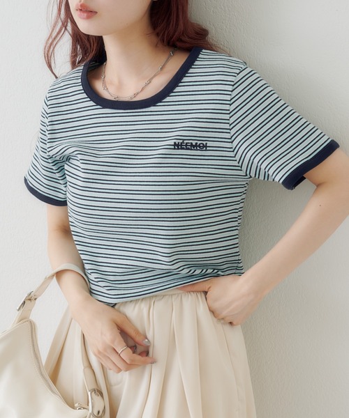 Kastane(カスタネ)の「ボーダー刺繍TEE(Tシャツ/カットソー・レディース・ブラック/ブルー/ブラウン・FREE)」の3枚目の写真