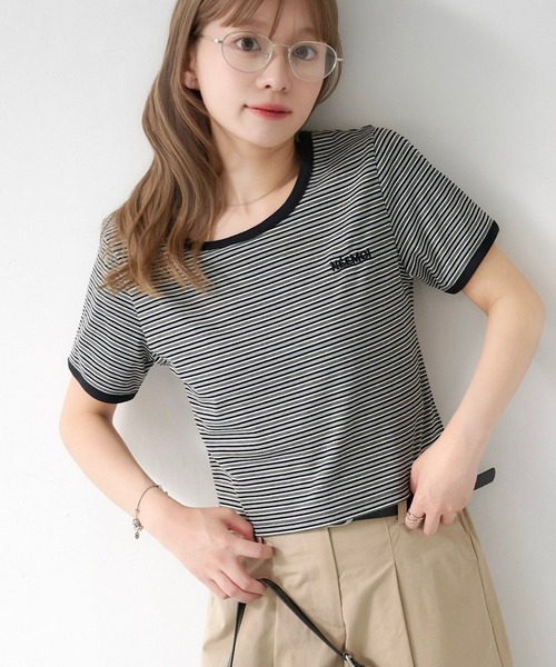 Kastane(カスタネ)の「ボーダー刺繍TEE(Tシャツ/カットソー・レディース・ブラック/ブルー/ブラウン・FREE)」の1枚目の写真