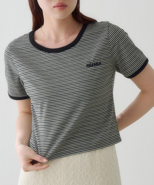 Kastane(カスタネ)の「ボーダー刺繍TEE(Tシャツ/カットソー・レディース・ブラック/ブルー/ブラウン・FREE)」の4枚目の写真