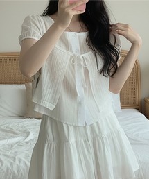 シアースクエアネックパフスリーブブラウス&フロントリボンビスチェ 2点セット