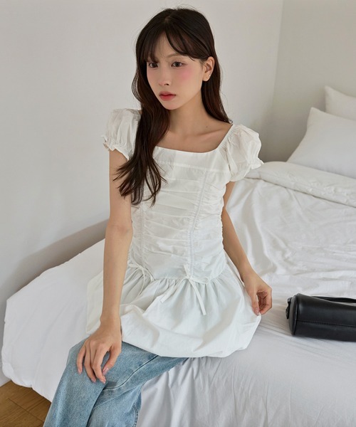 UNE MANSION(ユヌマンション)の「バルーンスカートシャーリングリボンレイヤードキャミソールワンピース(Tシャツ/カットソー・レディース・イエロー系その他/ホワイト/ブラック・FREE)」の2枚目の写真