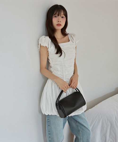 UNE MANSION(ユヌマンション)の「バルーンスカートシャーリングリボンレイヤードキャミソールワンピース(Tシャツ/カットソー・レディース・イエロー系その他/ホワイト/ブラック・FREE)」の6枚目の写真