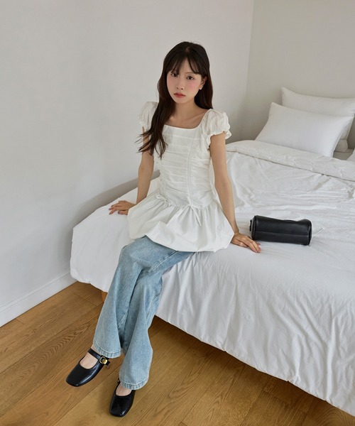 UNE MANSION(ユヌマンション)の「バルーンスカートシャーリングリボンレイヤードキャミソールワンピース(Tシャツ/カットソー・レディース・イエロー系その他/ホワイト/ブラック・FREE)」の4枚目の写真