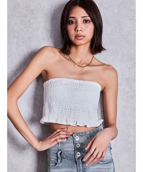 GYDA(ジェイダ)の「ラメチュールシャーリングベアブラウス(チューブトップ・レディース・ブラック/オフホワイト・FREE)」の1枚目の写真