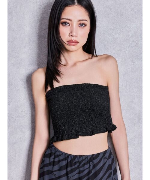 GYDA(ジェイダ)の「ラメチュールシャーリングベアブラウス(チューブトップ・レディース・ブラック/オフホワイト・FREE)」の2枚目の写真