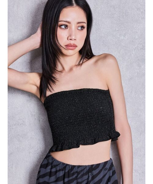 GYDA(ジェイダ)の「ラメチュールシャーリングベアブラウス(チューブトップ・レディース・ブラック/オフホワイト・FREE)」の3枚目の写真