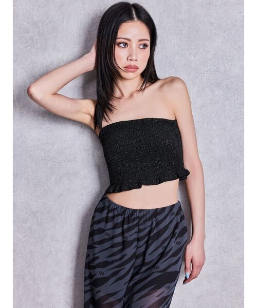 GYDA(ジェイダ)の「ラメチュールシャーリングベアブラウス(チューブトップ・レディース・ブラック/オフホワイト・FREE)」の5枚目の写真