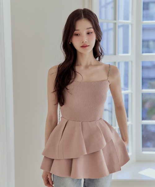 polaura チェーンストラップペプラムニットベアトップ pink チェーンストラップペプラムニットベアトップ（チューブトップ
