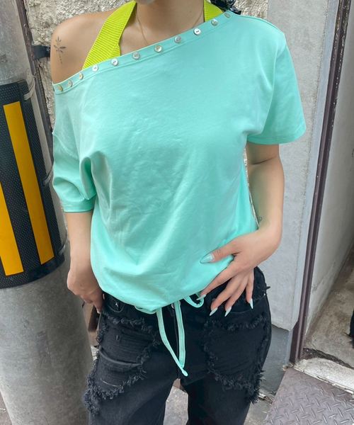 Oriens JOURNAL STANDARD（オリエンス ジャーナルスタンダード）の「ボタンオフショルダーTシャツ（Tシャツ/カットソー・レディース・パープル/ネイビー/モスグリーン・FREE）」の16枚目の写真