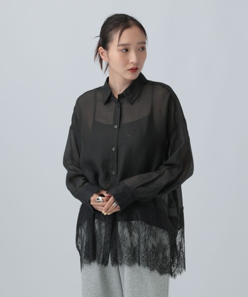 LEPSIM（レプシィム）の「レースドッキングシアーシャツ　774517（シャツ/ブラウス・レディース・ブラック/オフホワイト・FREE）」の13枚目の写真