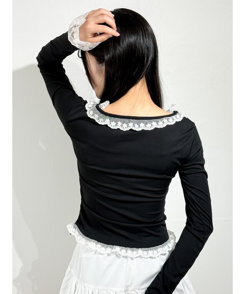 marcydorn(マーシードルン)の「レースフリルネック リブトップス シアー切替 フェミニンタイトカットソー(Tシャツ/カットソー・レディース・ブラック・S/M/L)」の15枚目の写真