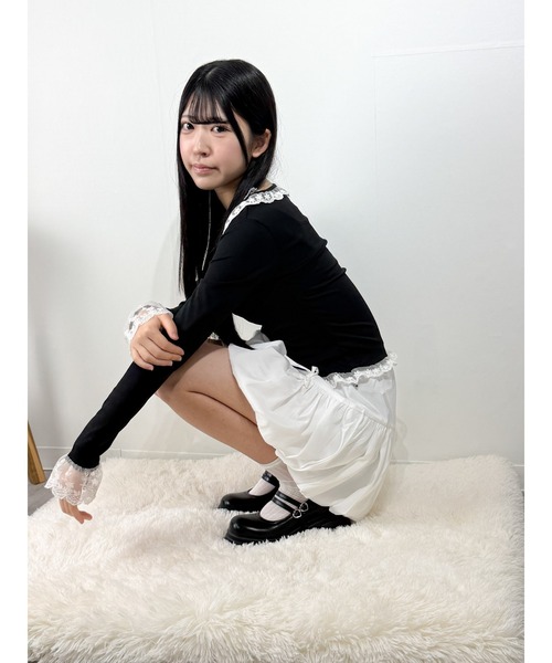 marcydorn(マーシードルン)の「レースフリルネック リブトップス シアー切替 フェミニンタイトカットソー(Tシャツ/カットソー・レディース・ブラック・S/M/L)」の16枚目の写真