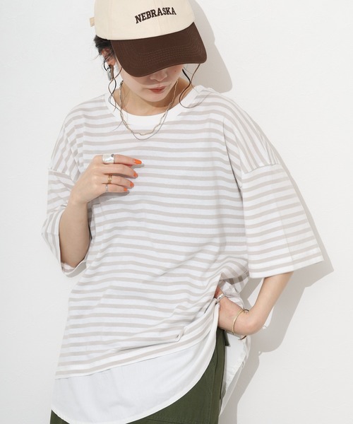 FUNALIVE（ファンアライブ）の「ボーダーコットン天竺レイヤード風PO（Tシャツ/カットソー・レディース・ブルー/ブラック/イエロー/ベージュ/ピンク・M～Ｌ）」の2枚目の写真