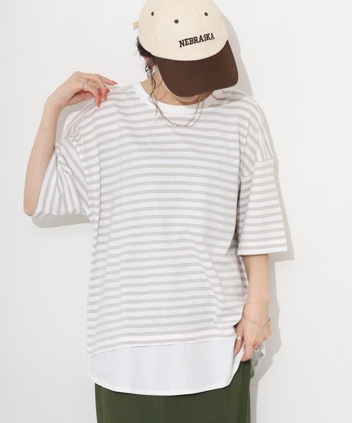 FUNALIVE（ファンアライブ）の「ボーダーコットン天竺レイヤード風PO（Tシャツ/カットソー・レディース・ブルー/ブラック/イエロー/ベージュ/ピンク・M～Ｌ）」の12枚目の写真