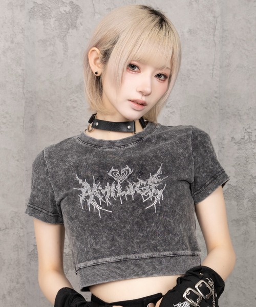 Amilige(アミリージュ)の「ケミカル加工ハートコウモリラインストーンチビTシャツ(Tシャツ/カットソー・レディース・ブラック・FREE)」の1枚目の写真