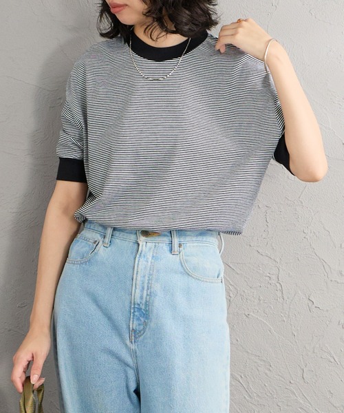 MEYAME（メヤメ）の「[MEYAME/メヤメ] 袖リブ ショートスリーブボーダーTシャツ（Tシャツ/カットソー・レディース・ブラウン/ブラック・F）」の2枚目の写真