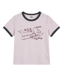ヴィンテージキャットプリントリングハーフスリーブTシャツメランジピンク
