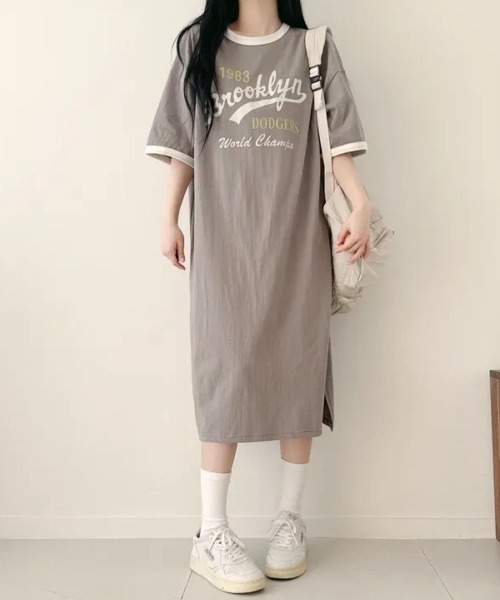 Lips（リップス）の「配色リンガーデザインが旬顔！ゆるっと着こなすロゴプリントTシャツワンピース（ワンピース・レディース・グレー/グリーン/ホワイト・FREE）」の7枚目の写真