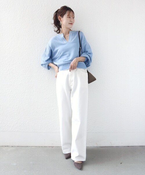 SHIPS(シップス)の「【WEB限定】〈手洗い可能〉配色 ステッチ アイレット スキッパー ニット(ニット/セーター・レディース・ダークグレー/ブラック/オフホワイト/ライトブルー・ONE SIZE)」の18枚目の写真