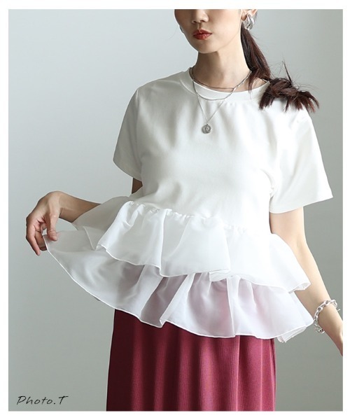 Sawa a la mode(サワアラモード)の「異素材ティアードフリルTシャツ(Tシャツ/カットソー・レディース・ブラック/オフホワイト・FREE)」の11枚目の写真