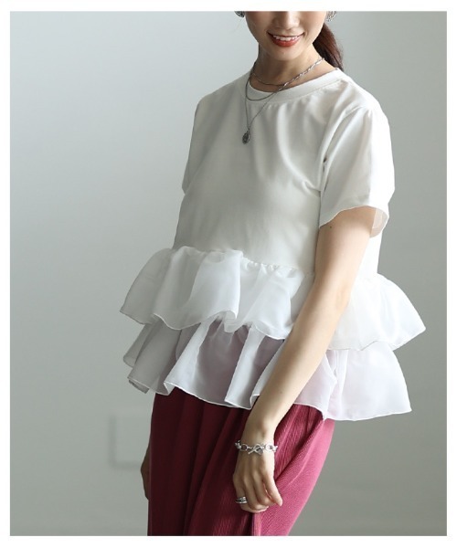 Sawa a la mode(サワアラモード)の「異素材ティアードフリルTシャツ(Tシャツ/カットソー・レディース・ブラック/オフホワイト・FREE)」の16枚目の写真
