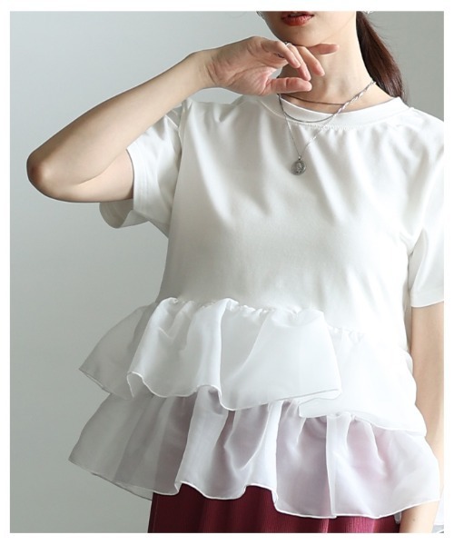Sawa a la mode(サワアラモード)の「異素材ティアードフリルTシャツ(Tシャツ/カットソー・レディース・ブラック/オフホワイト・FREE)」の19枚目の写真