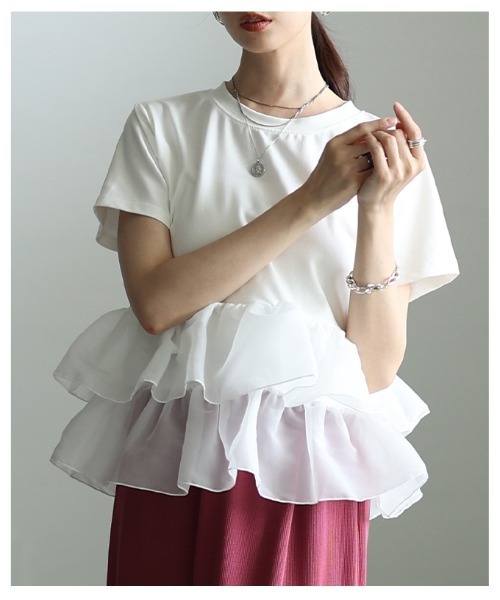 Sawa a la mode(サワアラモード)の「異素材ティアードフリルTシャツ(Tシャツ/カットソー・レディース・ブラック/オフホワイト・FREE)」の20枚目の写真