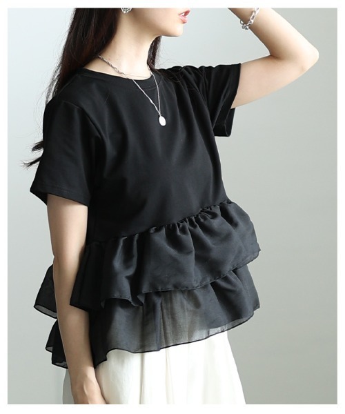 Sawa a la mode(サワアラモード)の「異素材ティアードフリルTシャツ(Tシャツ/カットソー・レディース・ブラック/オフホワイト・FREE)」の5枚目の写真